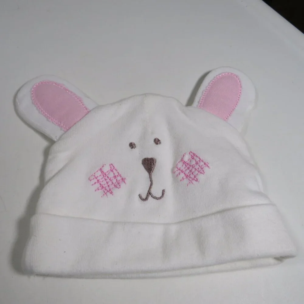 Baby Bunny Rabbit Hat Cap embroidered 0-3mo cotton Pink & White